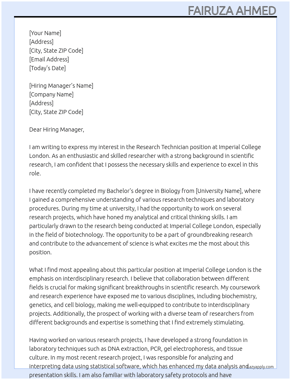 Research Technician At Imperial College London Cover Letter