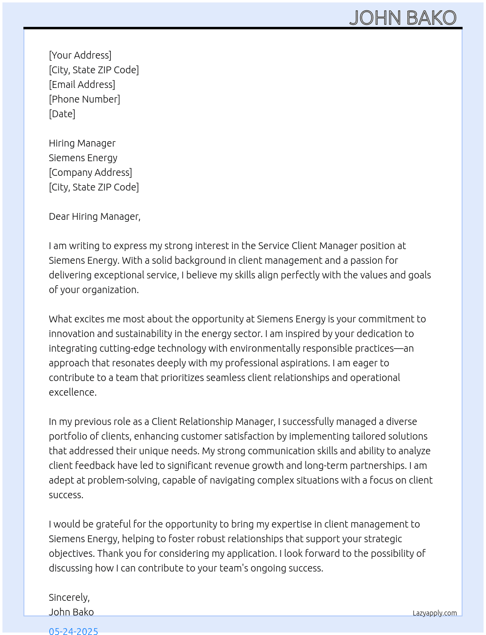 Service client manager  At Siemens energy  Cover Letter