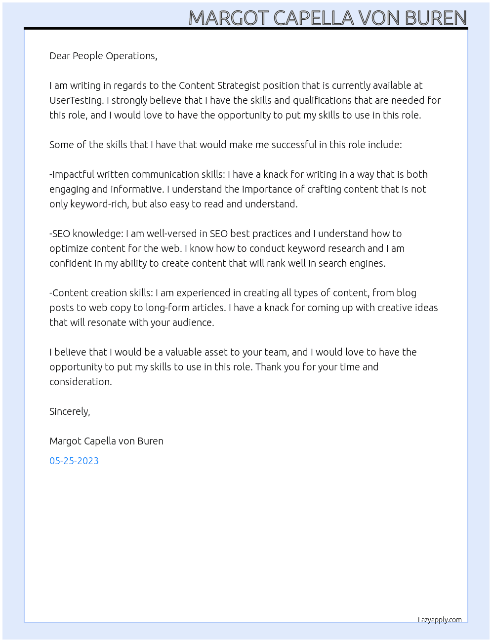 Content Strategist At UserTesting Cover Letter