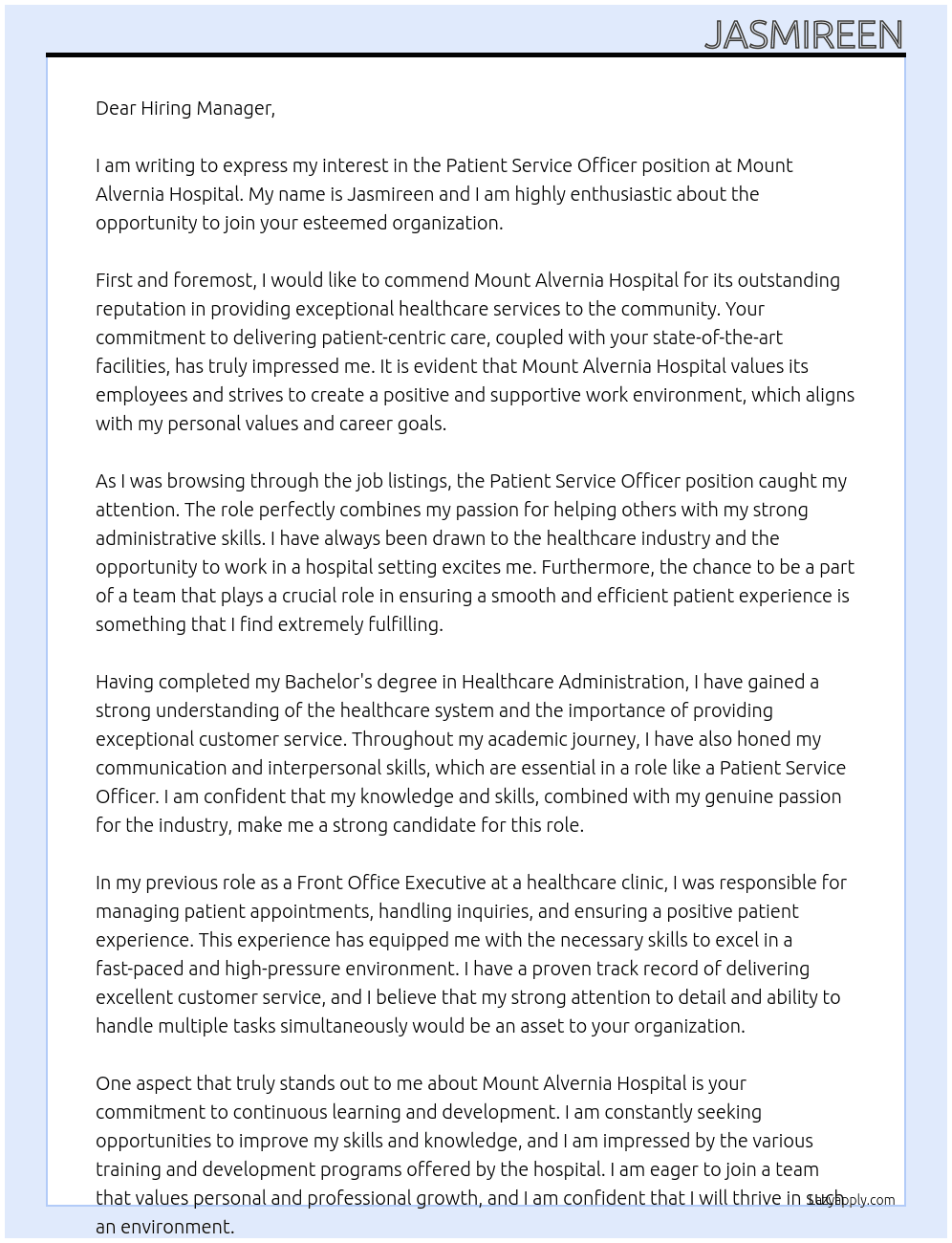 Patient Service Officer At Mount Alvernia Hospital Cover Letter