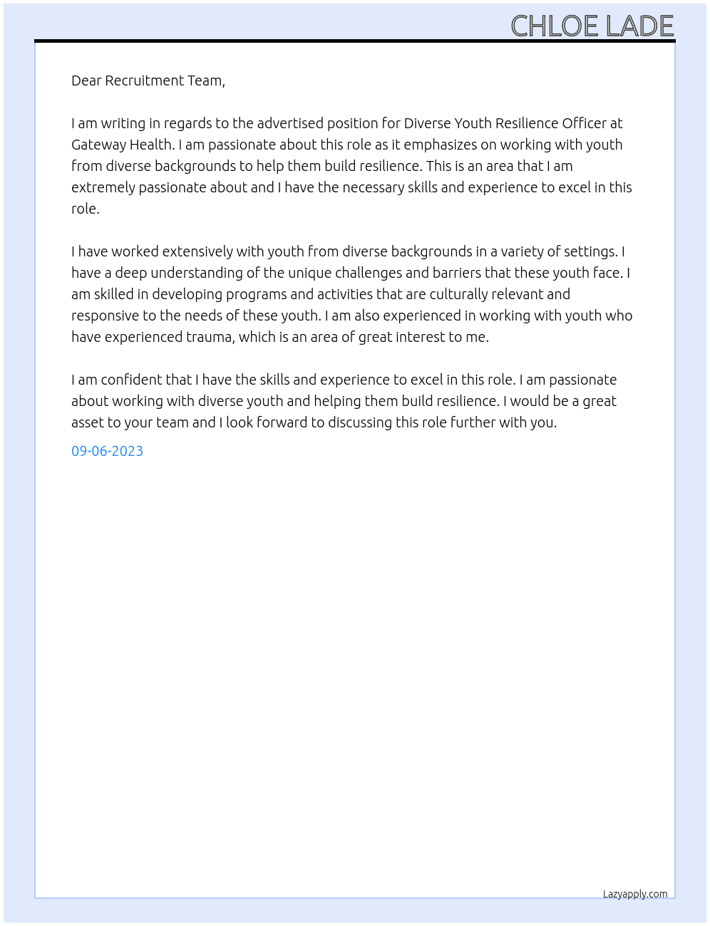 Diverse Youth Resilience Officer At Gateway Health Cover Letter