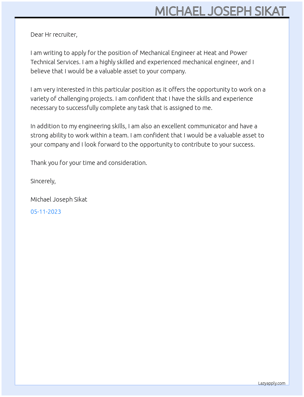 Mechanical Engineer  At Heat and power technical services Cover Letter