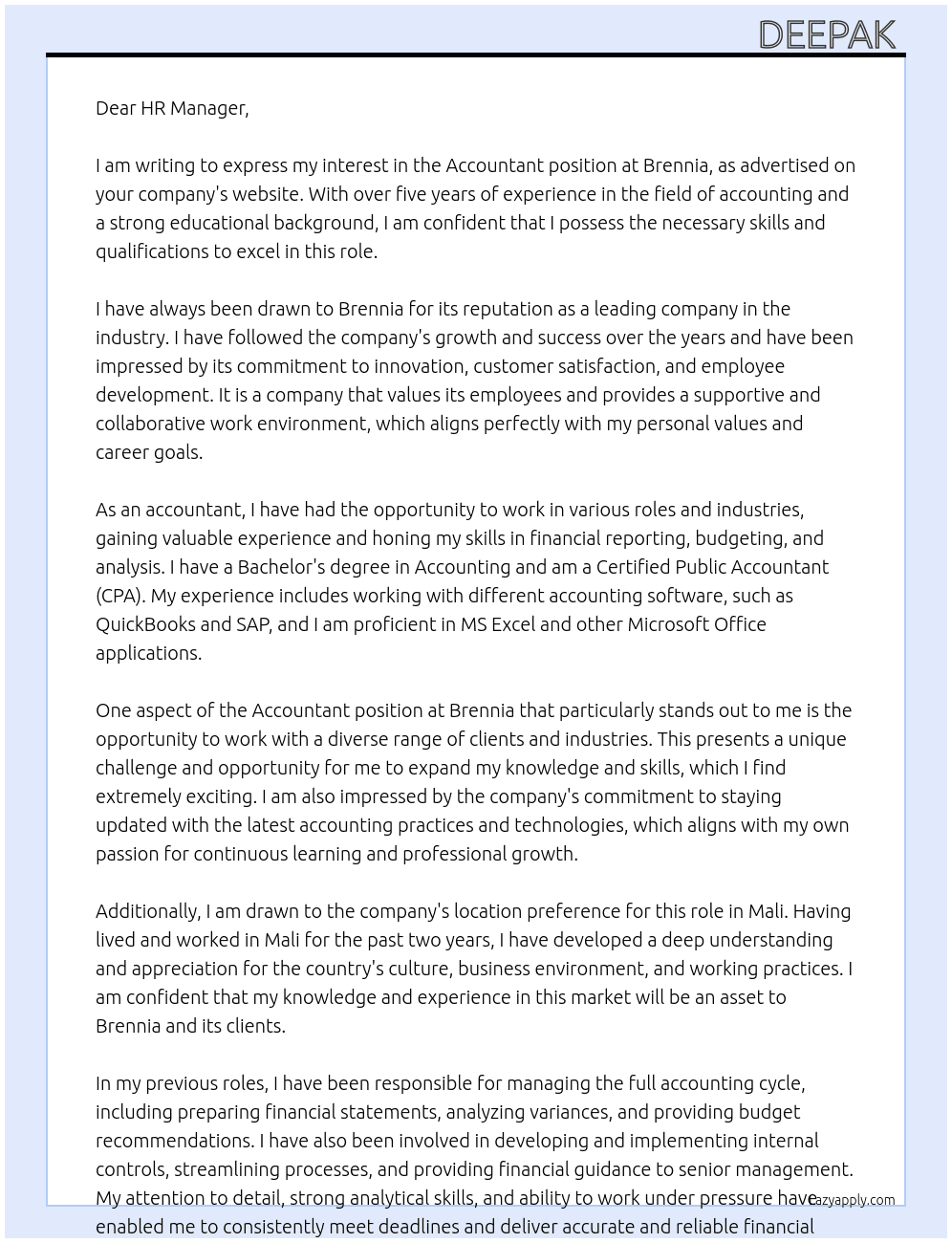 Accountant  At Brennia Cover Letter