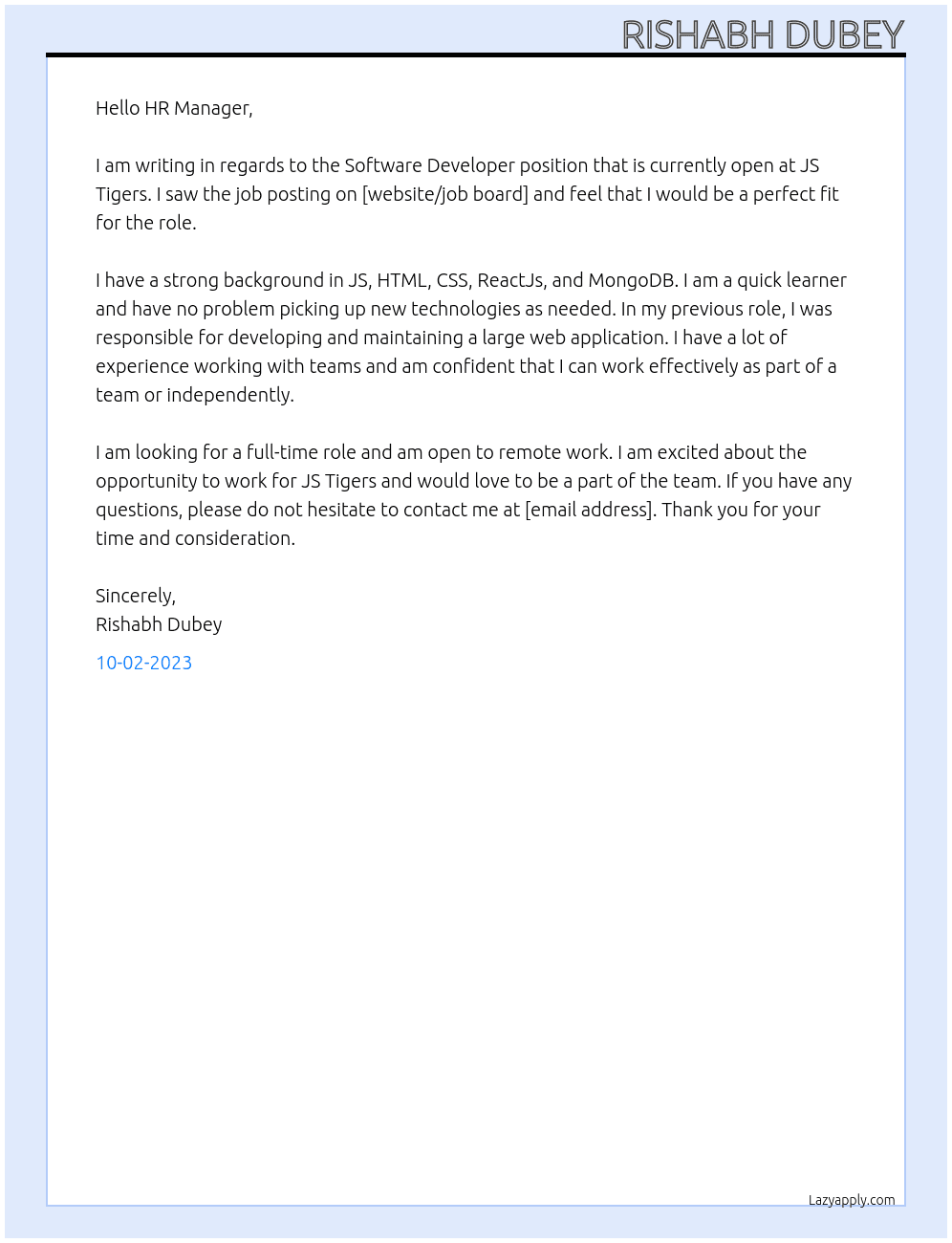 Software Developer At JS Tigers Cover Letter