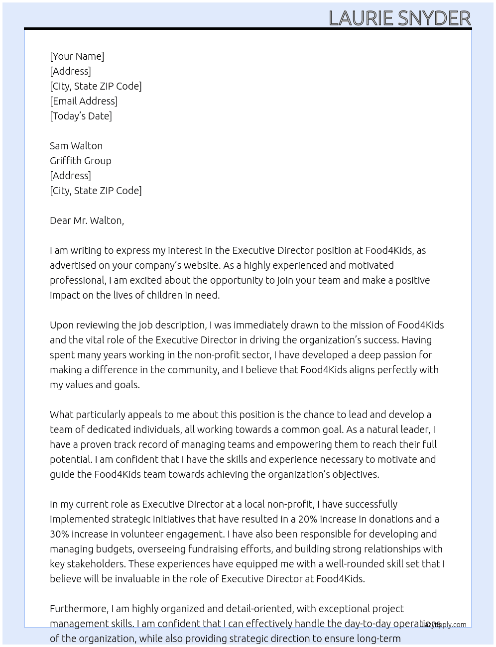 Executive Director At Food4Kids Cover Letter