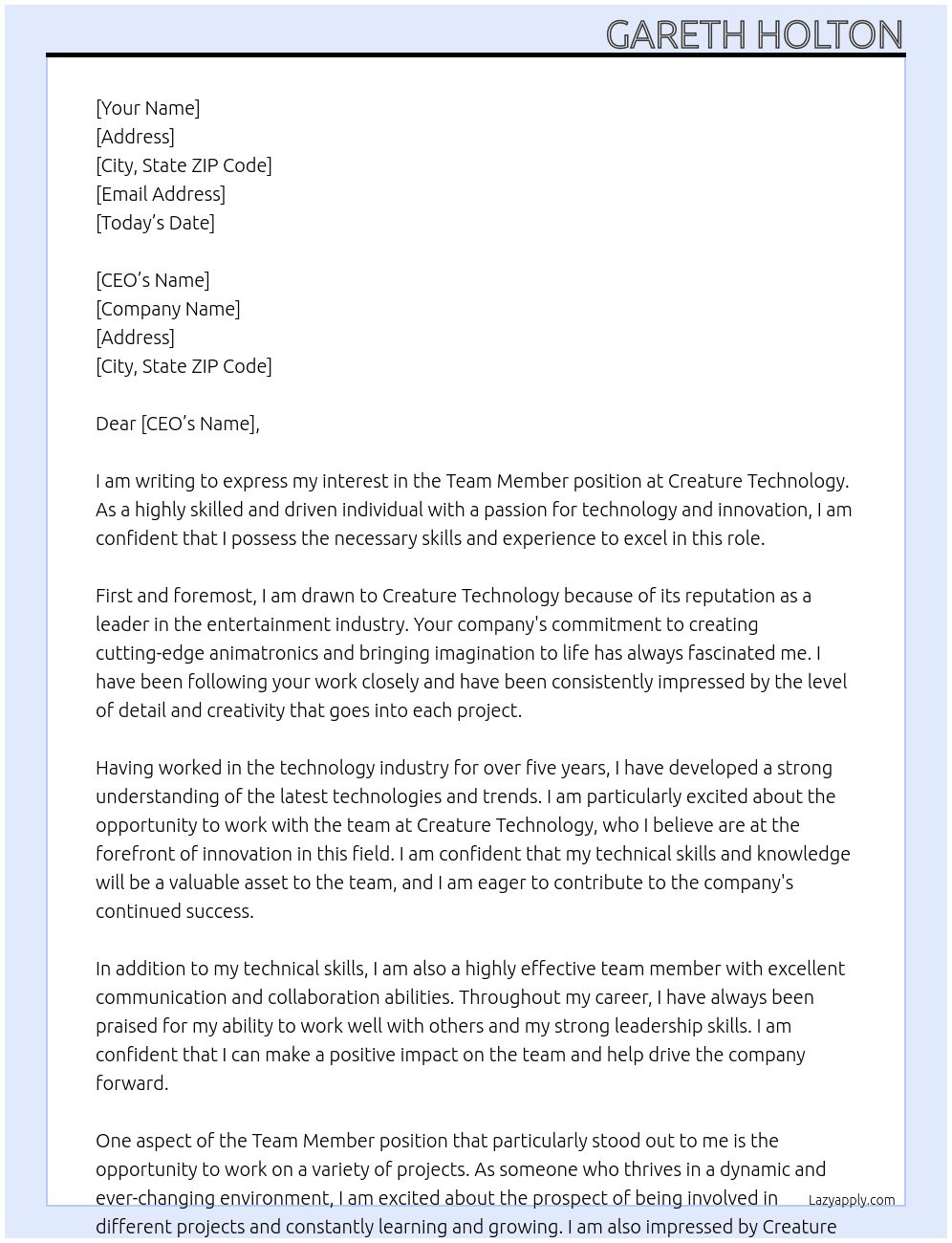 Team Member  At Creature Technology Cover Letter