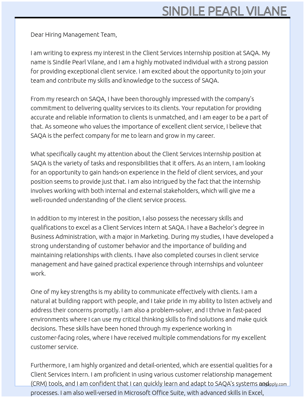 Client Services Internship  At SAQA  Cover Letter