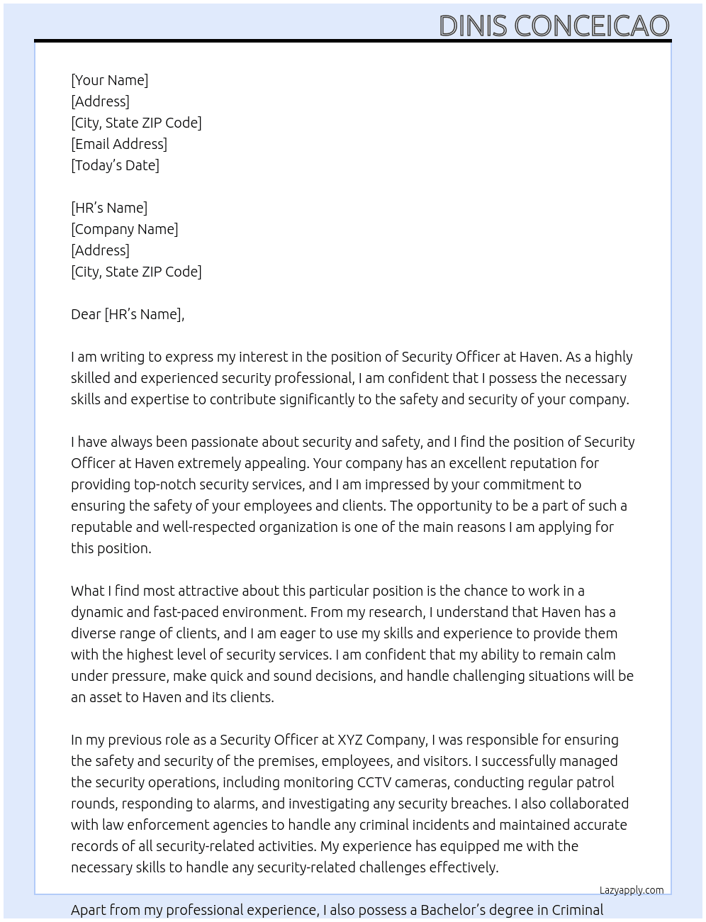 Security Officer At Haven Cover Letter