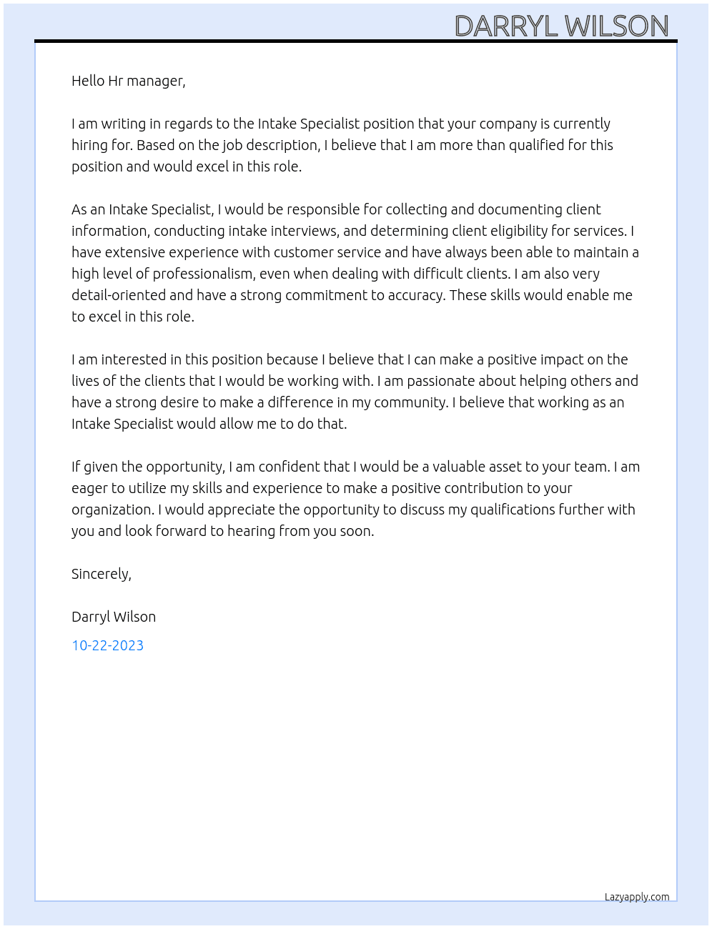 Intake Specialist At Centerville Office Support Inc Cover Letter