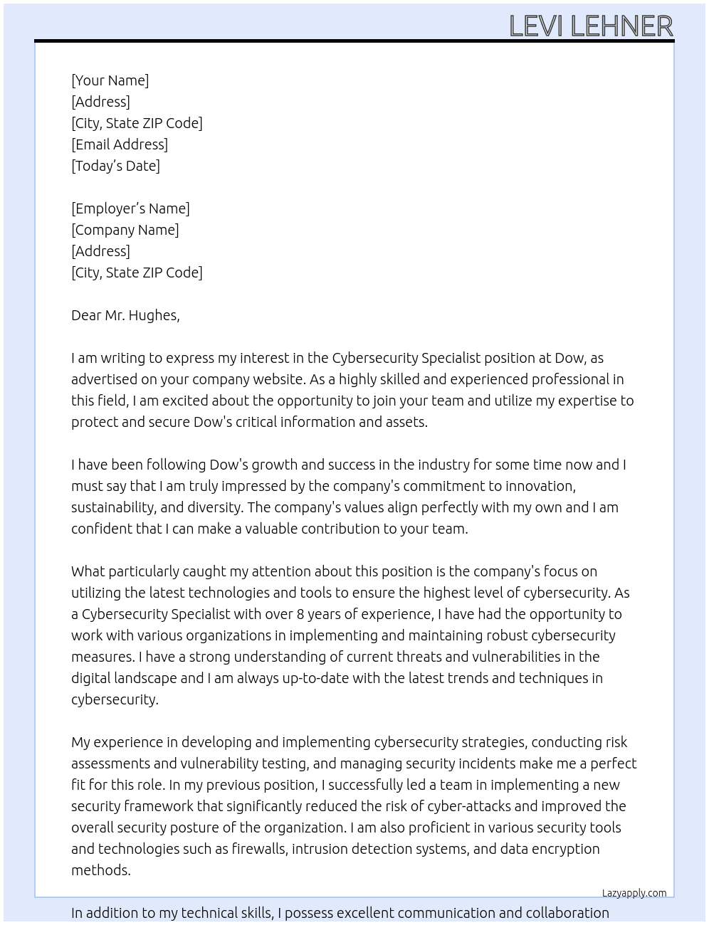 Cybersecurity Specialist At Dow Cover Letter