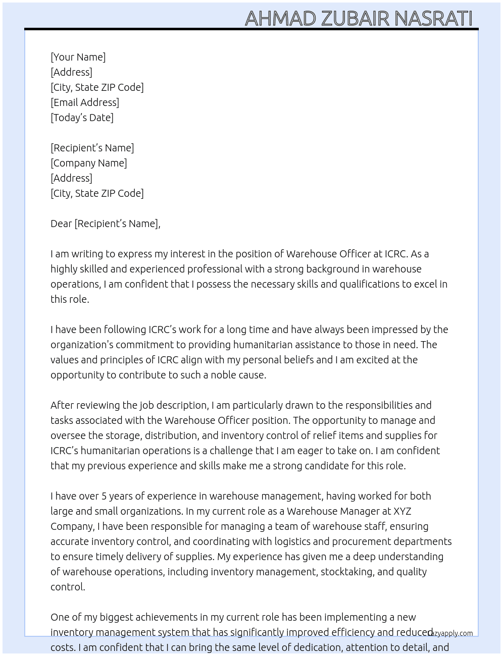 warehouse officer At ICRC Cover Letter