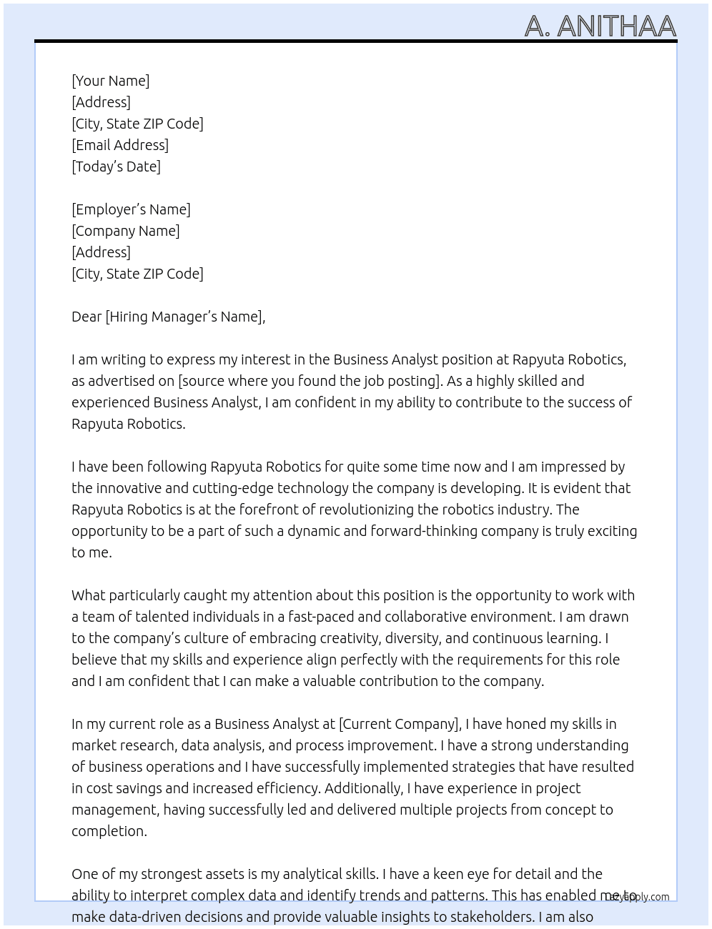Business analyst  At Rapyuta Robotics  Cover Letter
