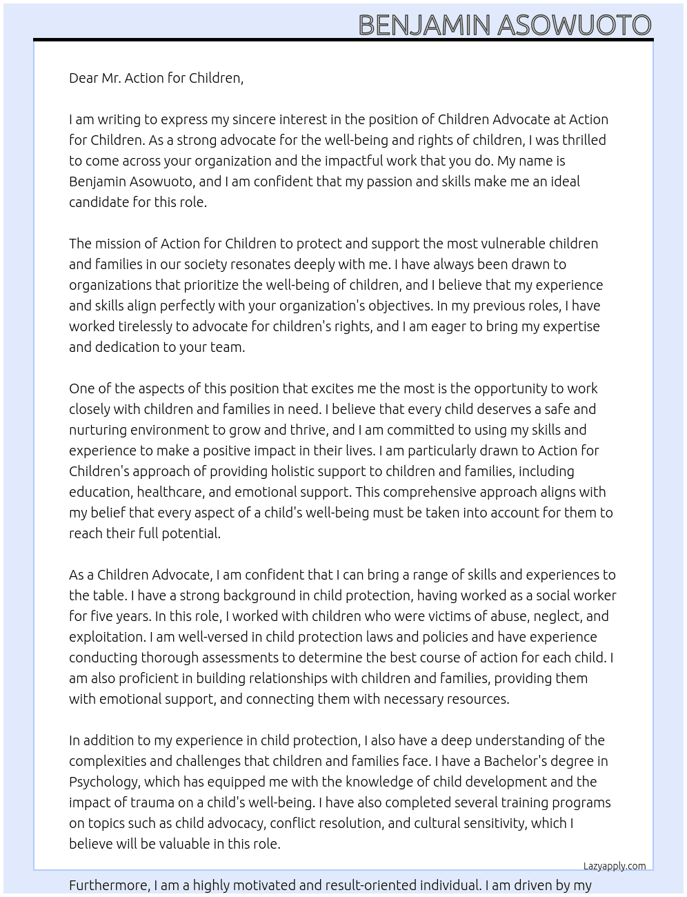 children advocate At  action for children Cover Letter
