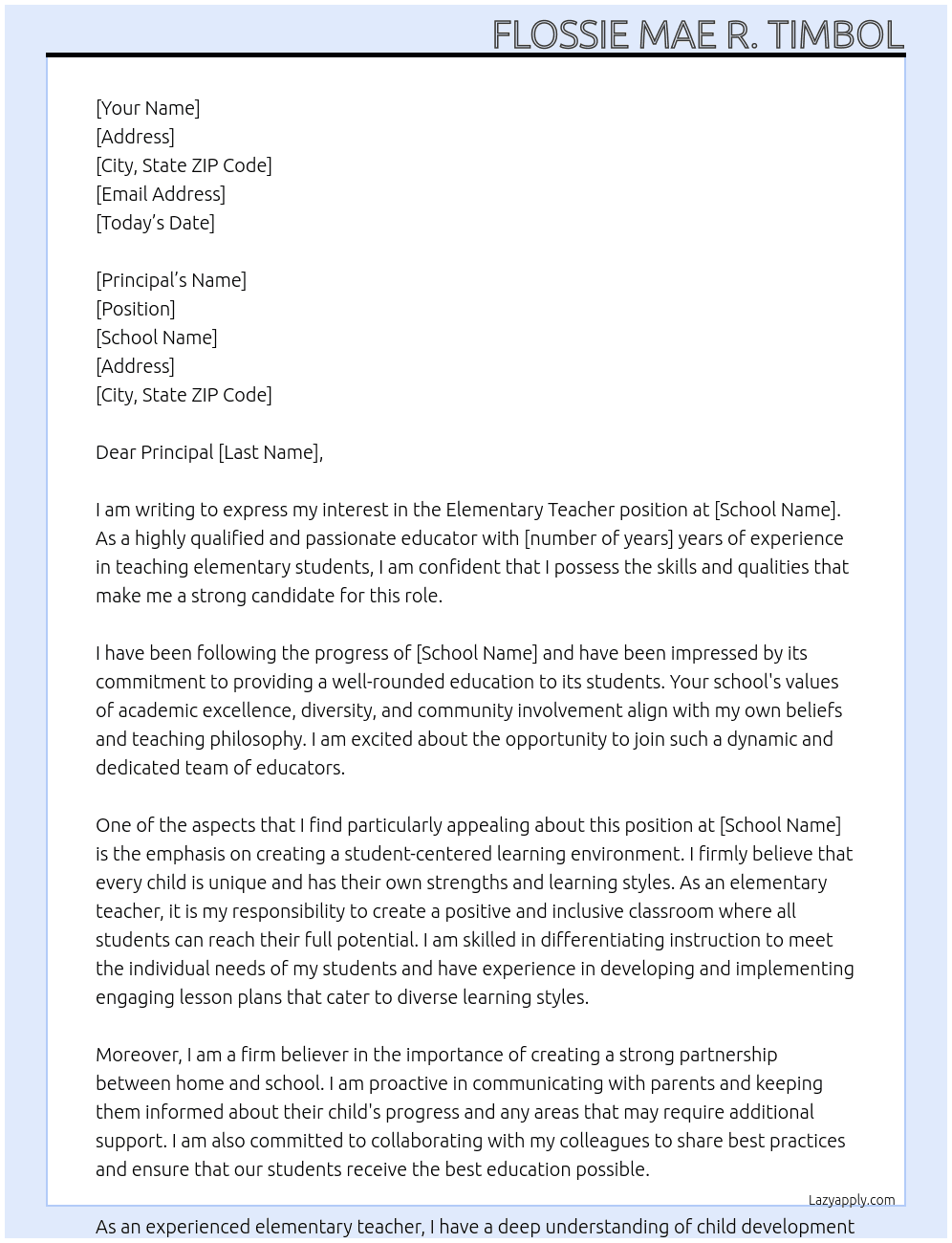 Elementary teacher  At school Cover Letter