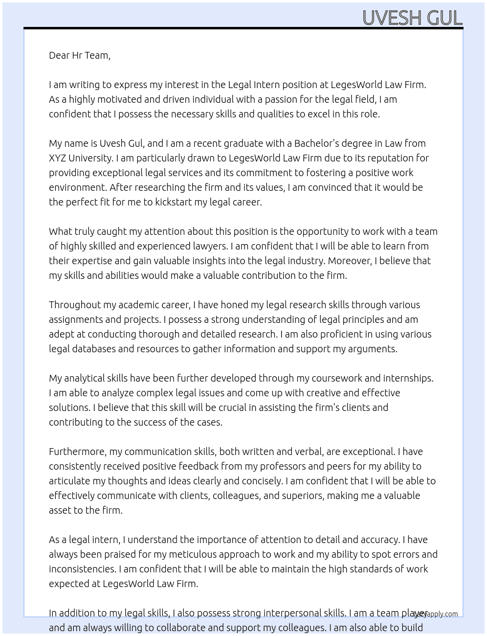 Legal Intern At LegesWorld Law Firm Cover Letter
