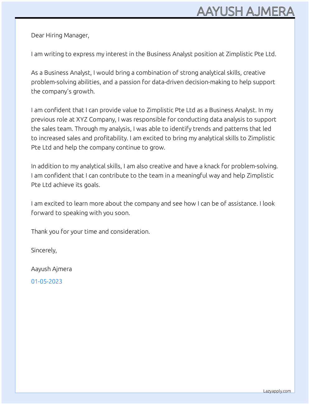 Business Analyst At Zimplistic Pte Ltd Cover Letter