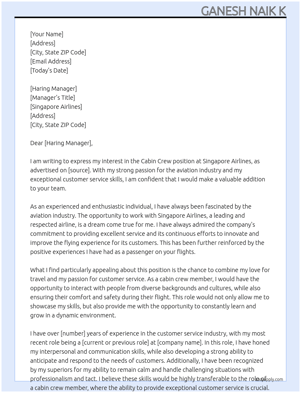 Cabin crew  At Singapore airline  Cover Letter