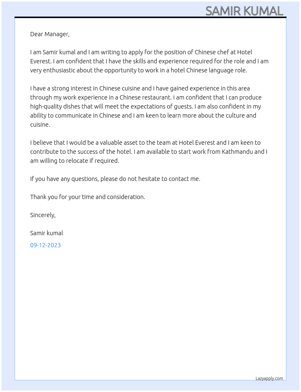 Chinese chef At Hotel everest  Cover Letter