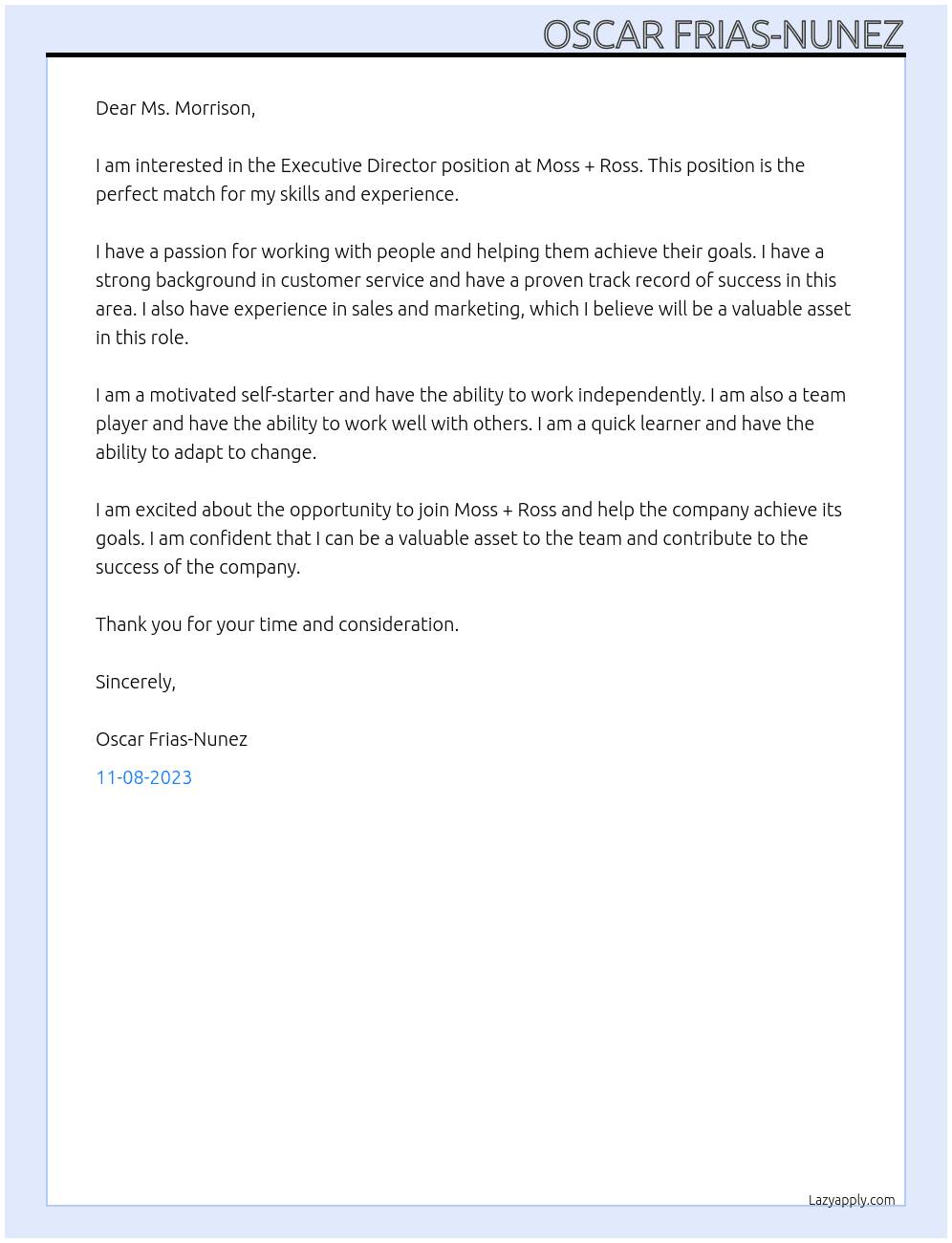 Executive Director  At Moss + Ross Cover Letter
