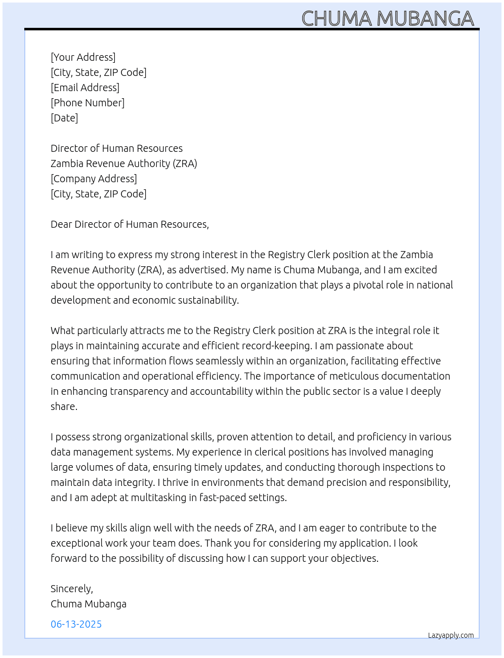 Registry Clerk  At ZRA Cover Letter