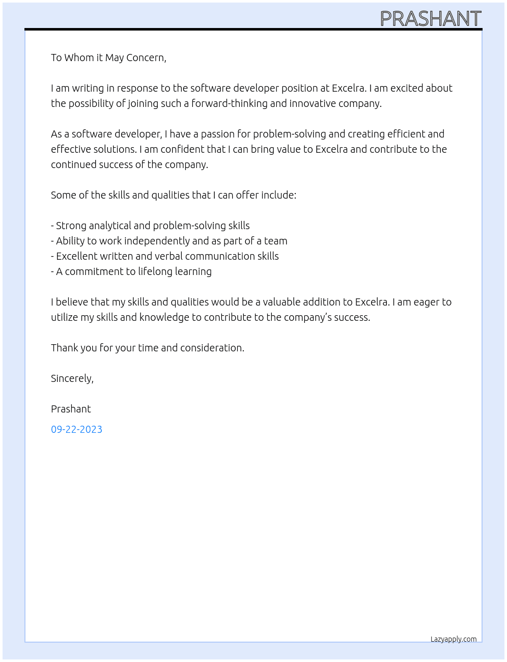 software developer At Excelra Cover Letter