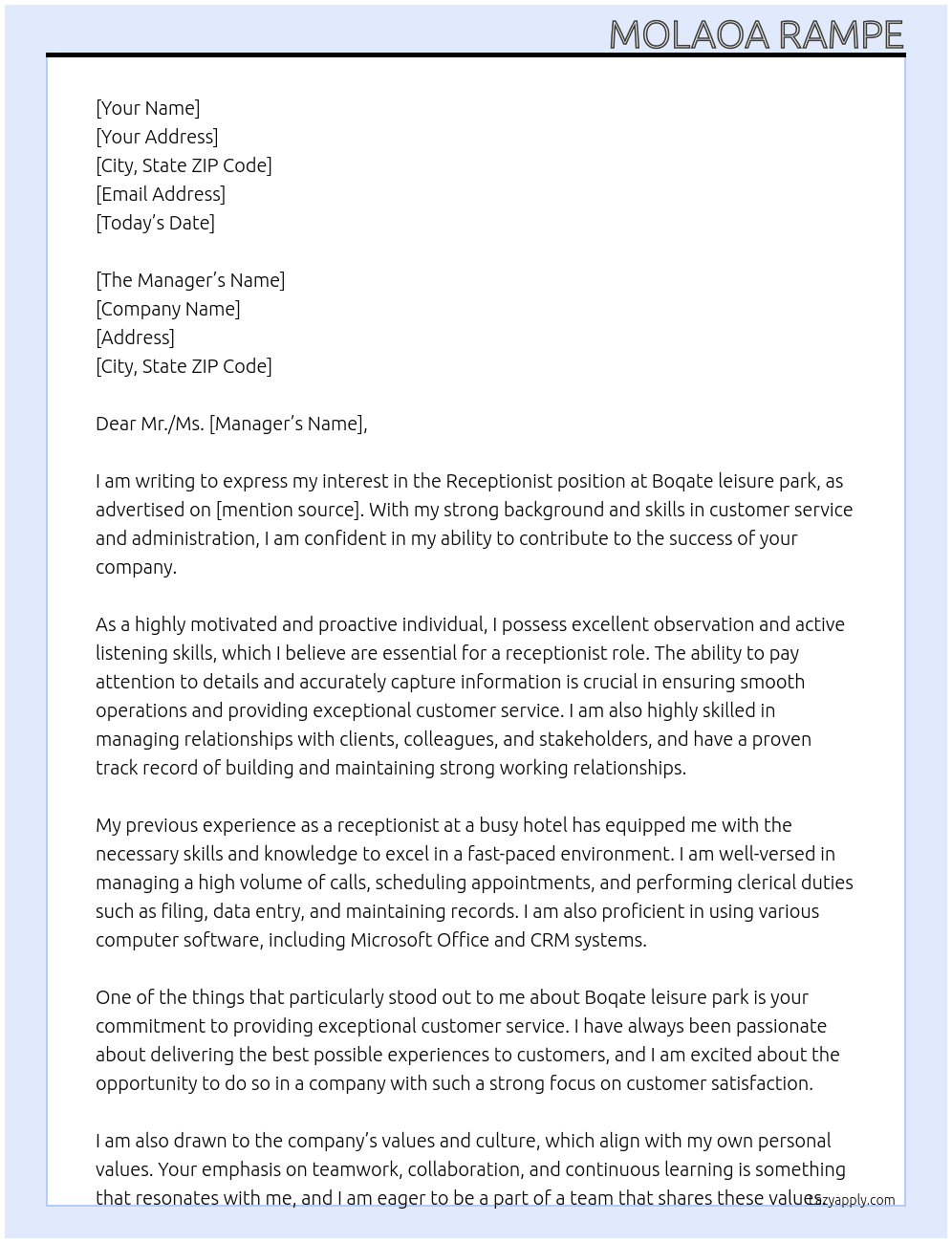 Receptionist  At Boqate leisure park Cover Letter
