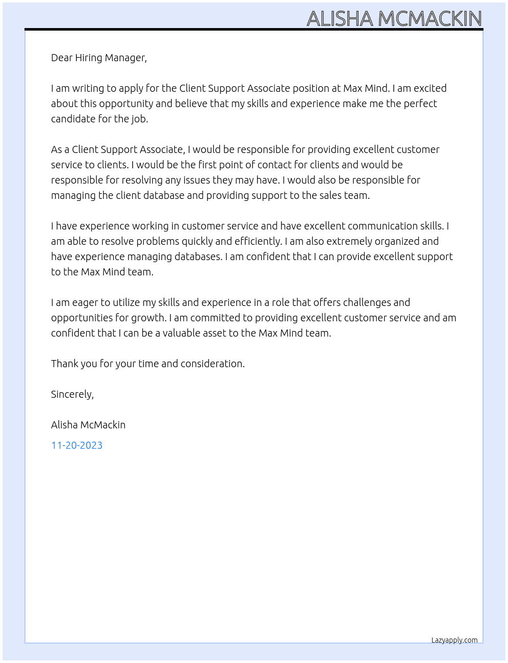 Client Support Associate  At Max Mind Cover Letter