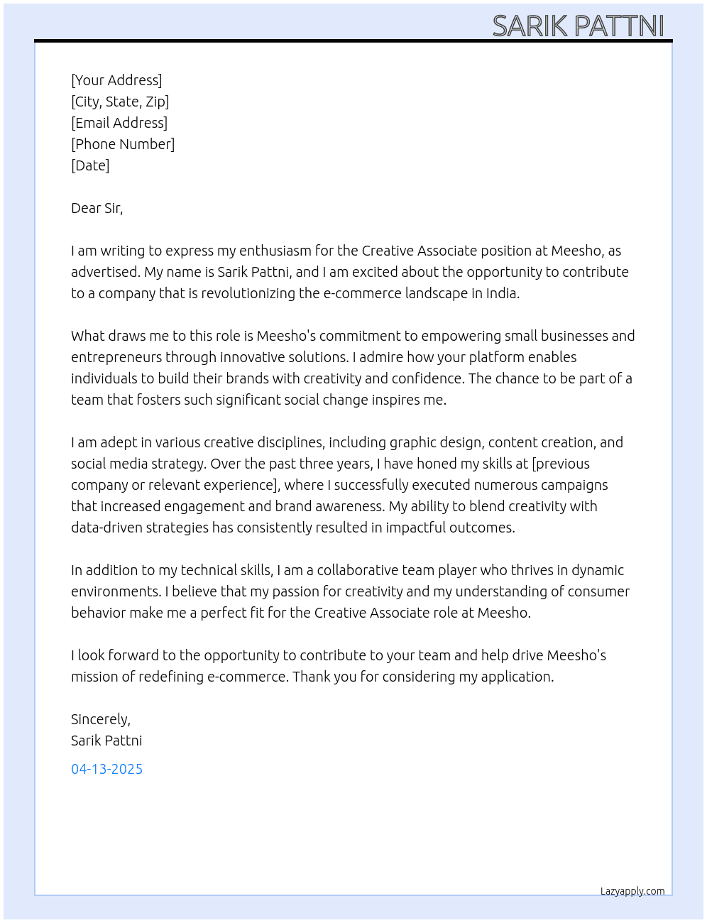 Creative associate  At Meesho Cover Letter