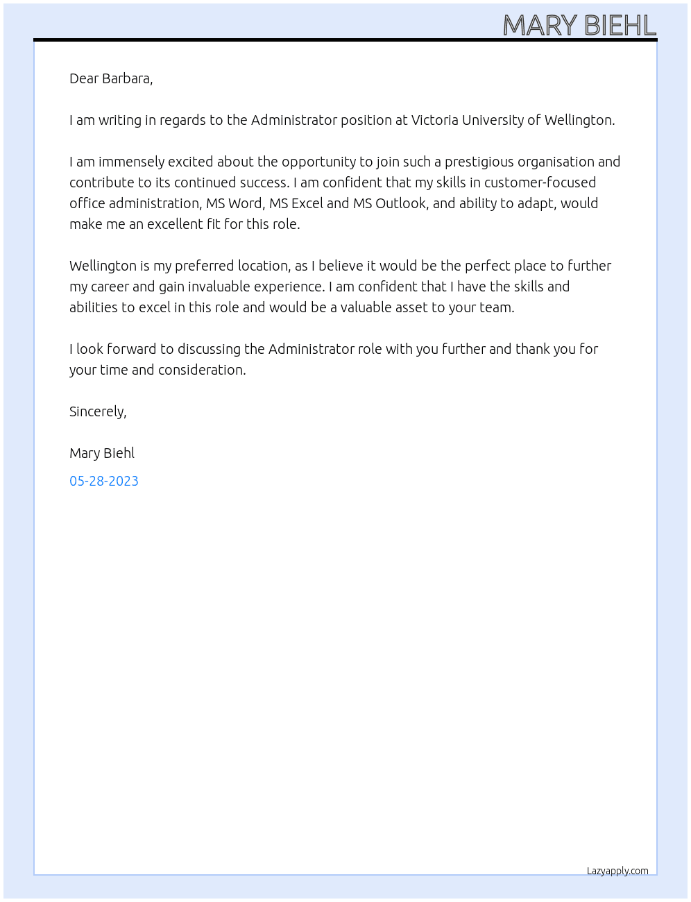 Administrator At Victoria University of Wellington Cover Letter