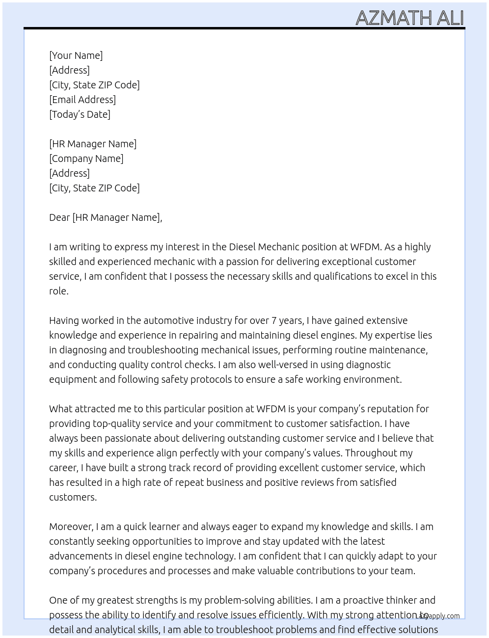 Diesel mechanic  At WFDM Cover Letter