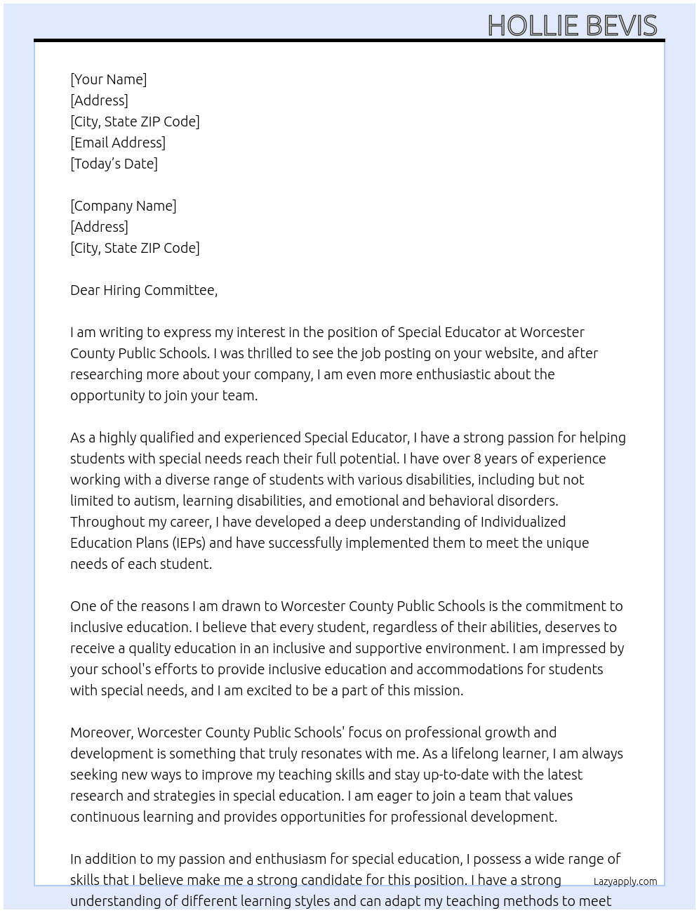 Special Educator  At Worcester County Public Schools Cover Letter