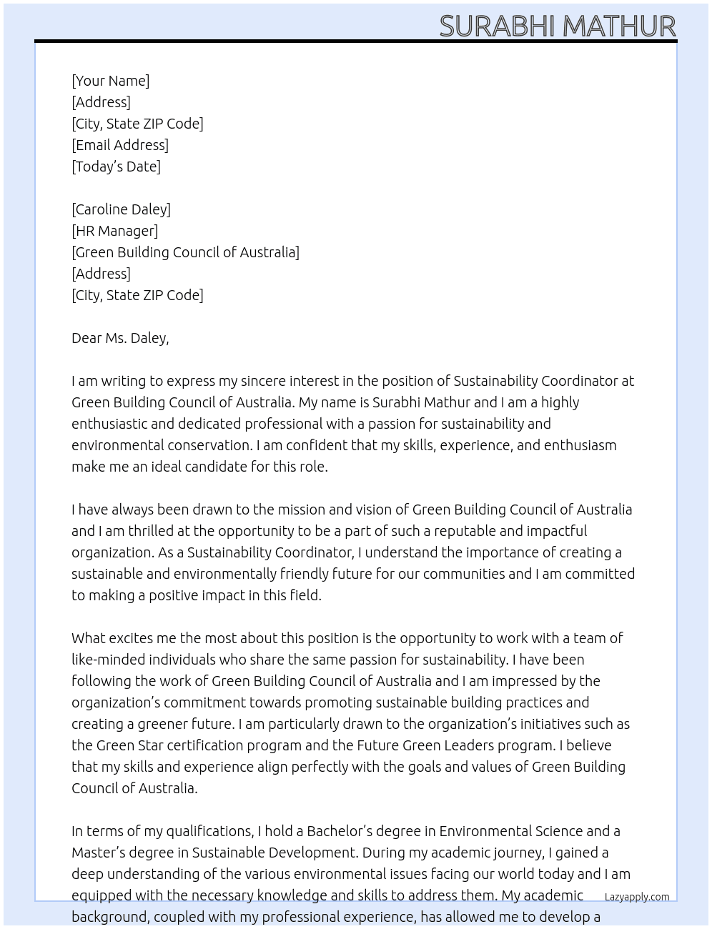 Sustainability Coordinator  At Green Building Council of Australia  Cover Letter