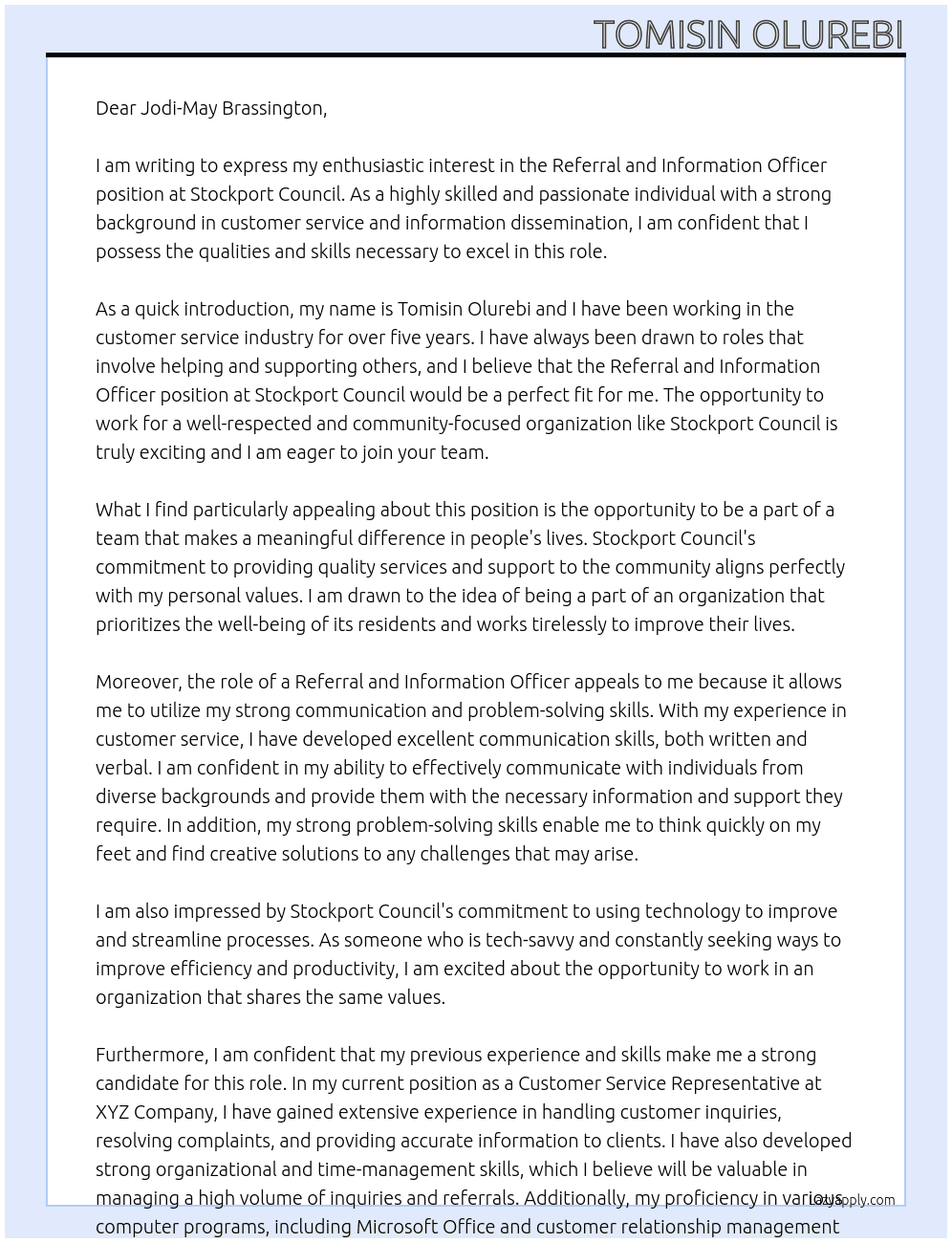 Referral and Information Officer At Stockport Council Cover Letter