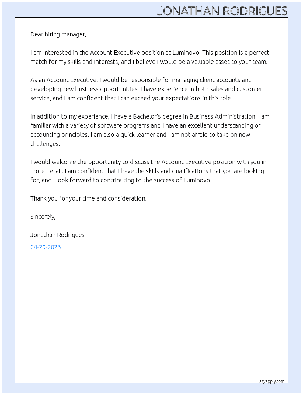 AccountExecutive At Luminovo Cover Letter
