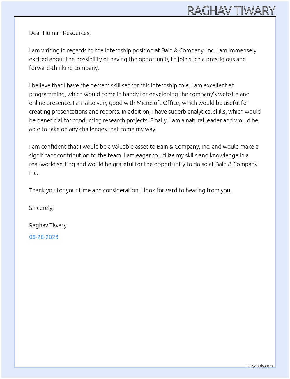 Intern At Bain & Company, Inc. Cover Letter