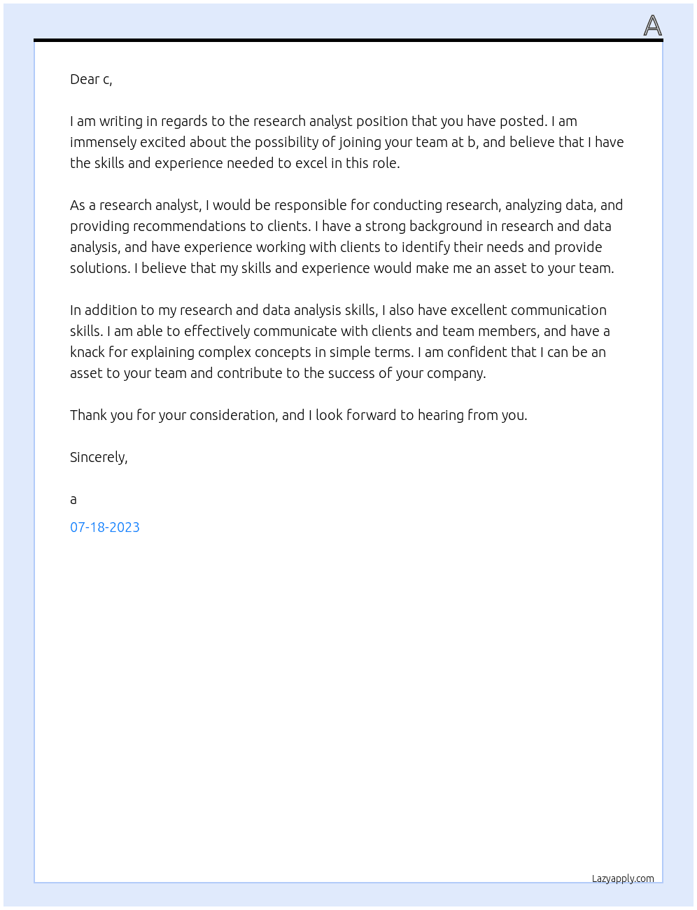 research analyst At b Cover Letter