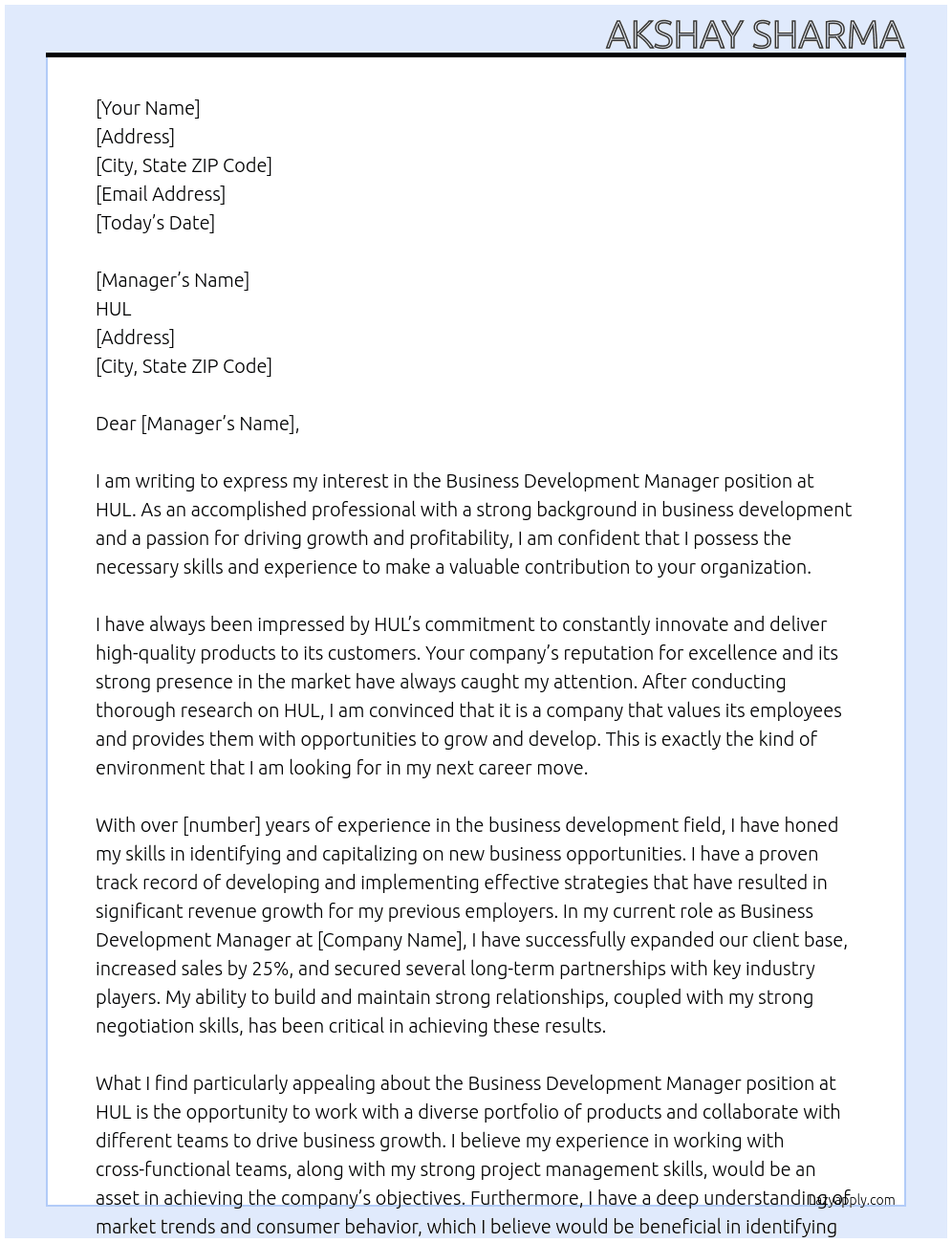 Business Development manager  At HUL Cover Letter