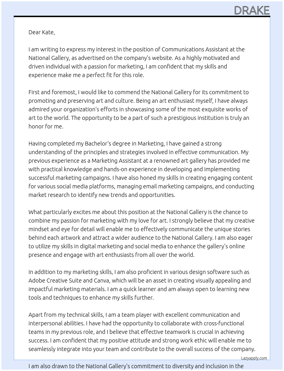 Communications Assistant At National Gallery Cover Letter