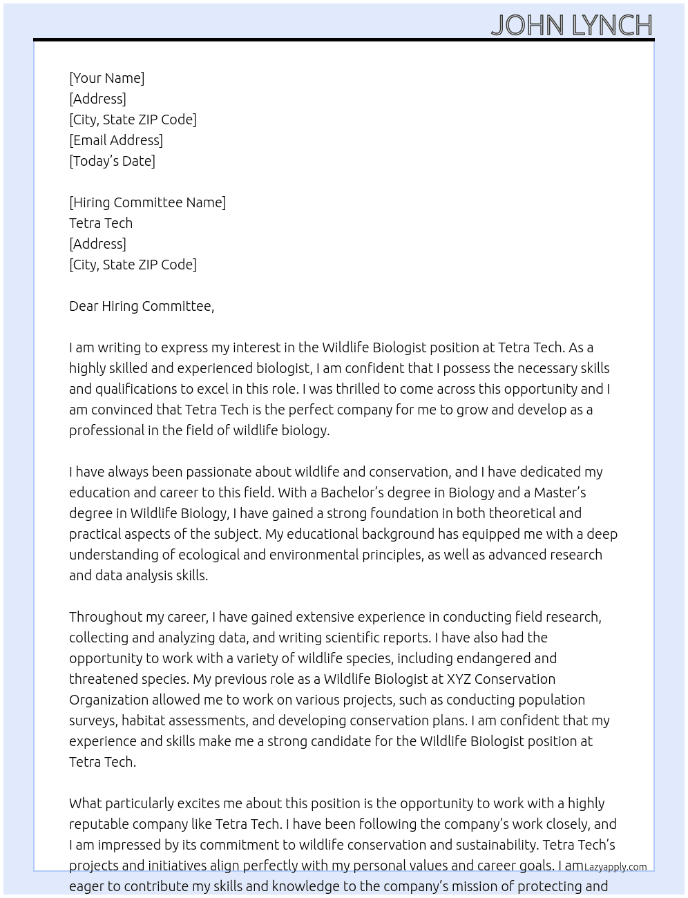 Wildlife Biologist At Tetra Tech Cover Letter