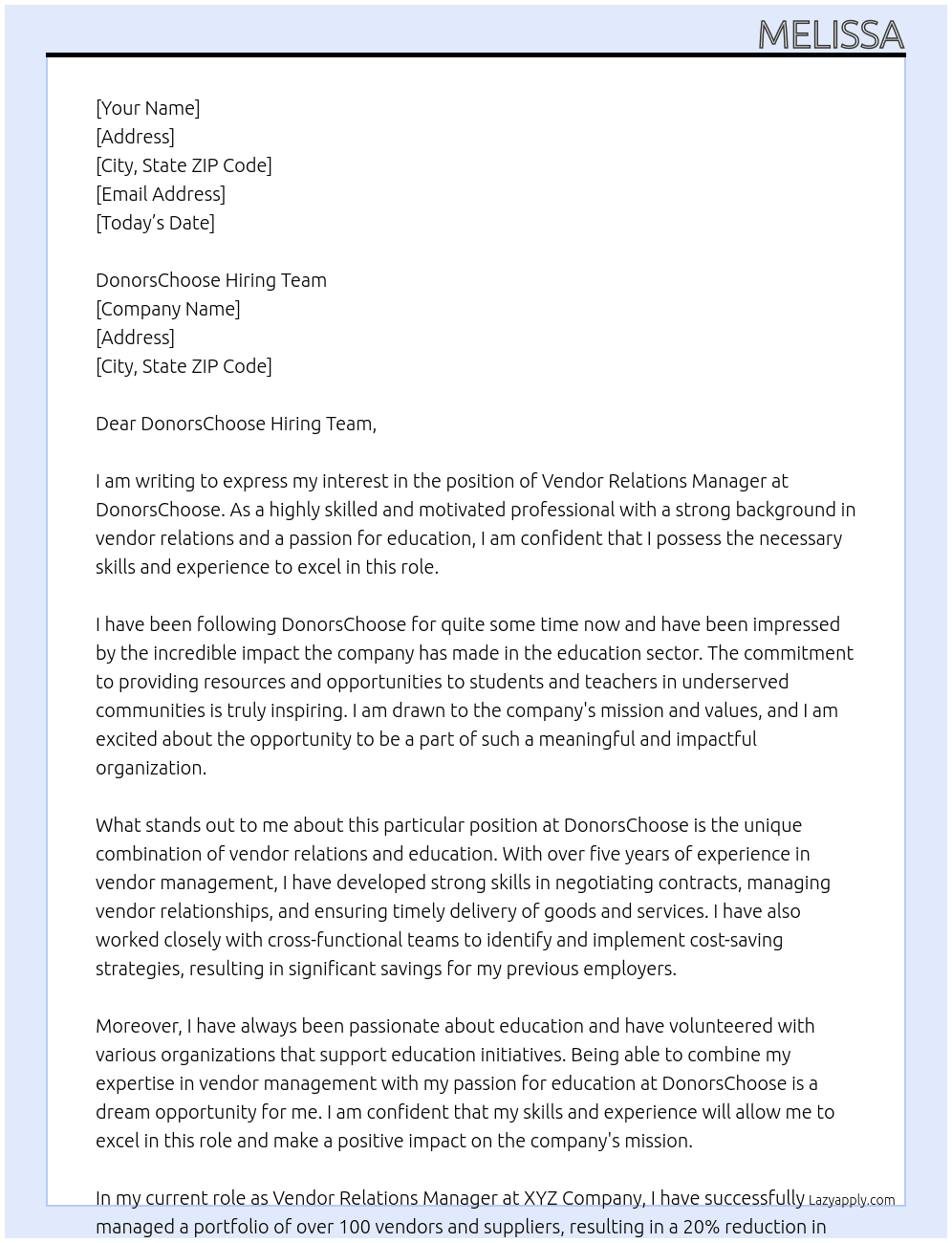 vendor relations manager At DonorsChoose Cover Letter
