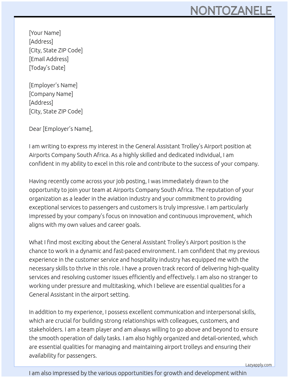 General Assistant Trolley’s Airport  At Airports Company South Africa  Cover Letter