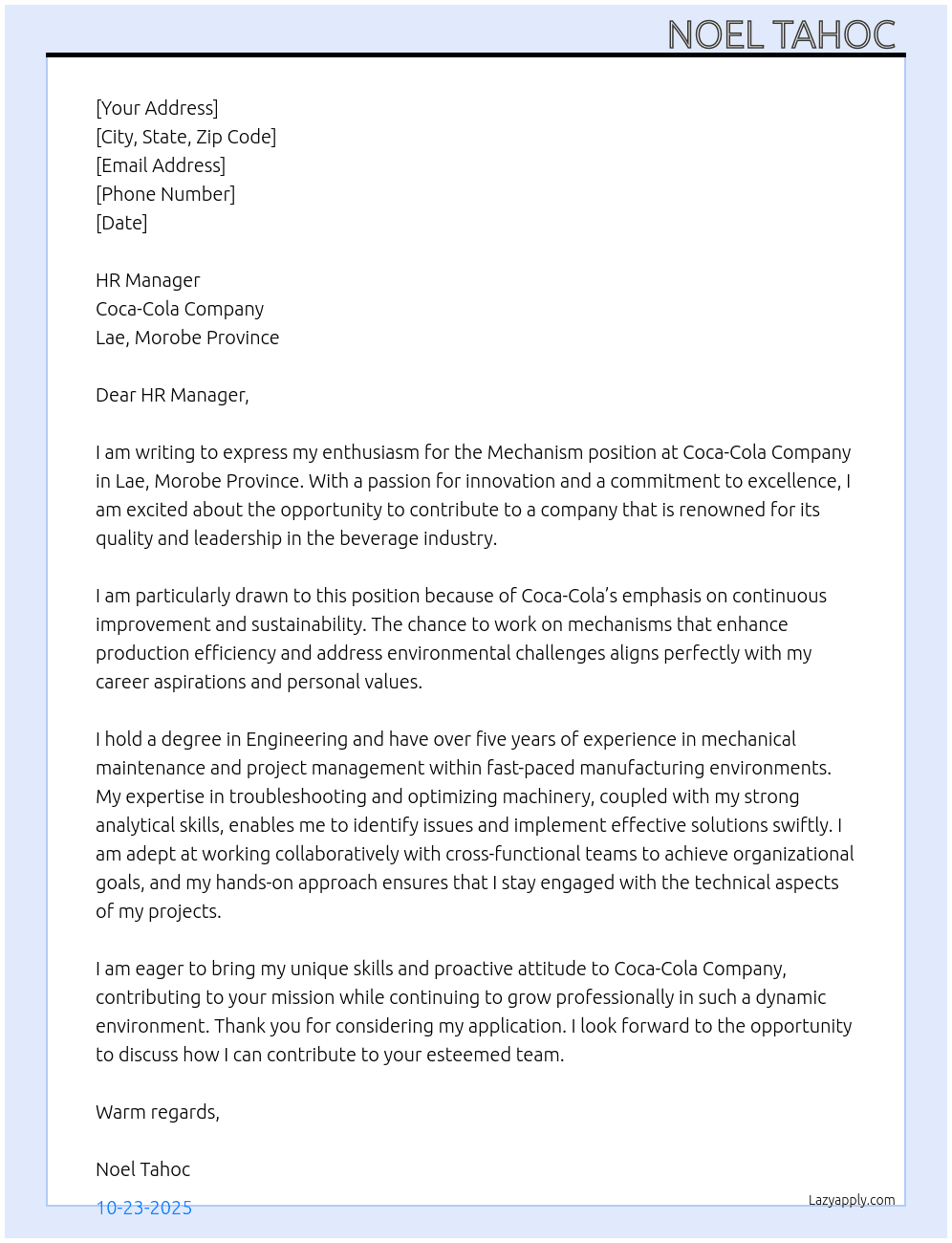 Mechanism  At Coca-cola company,Lae, Morobe Province  Cover Letter