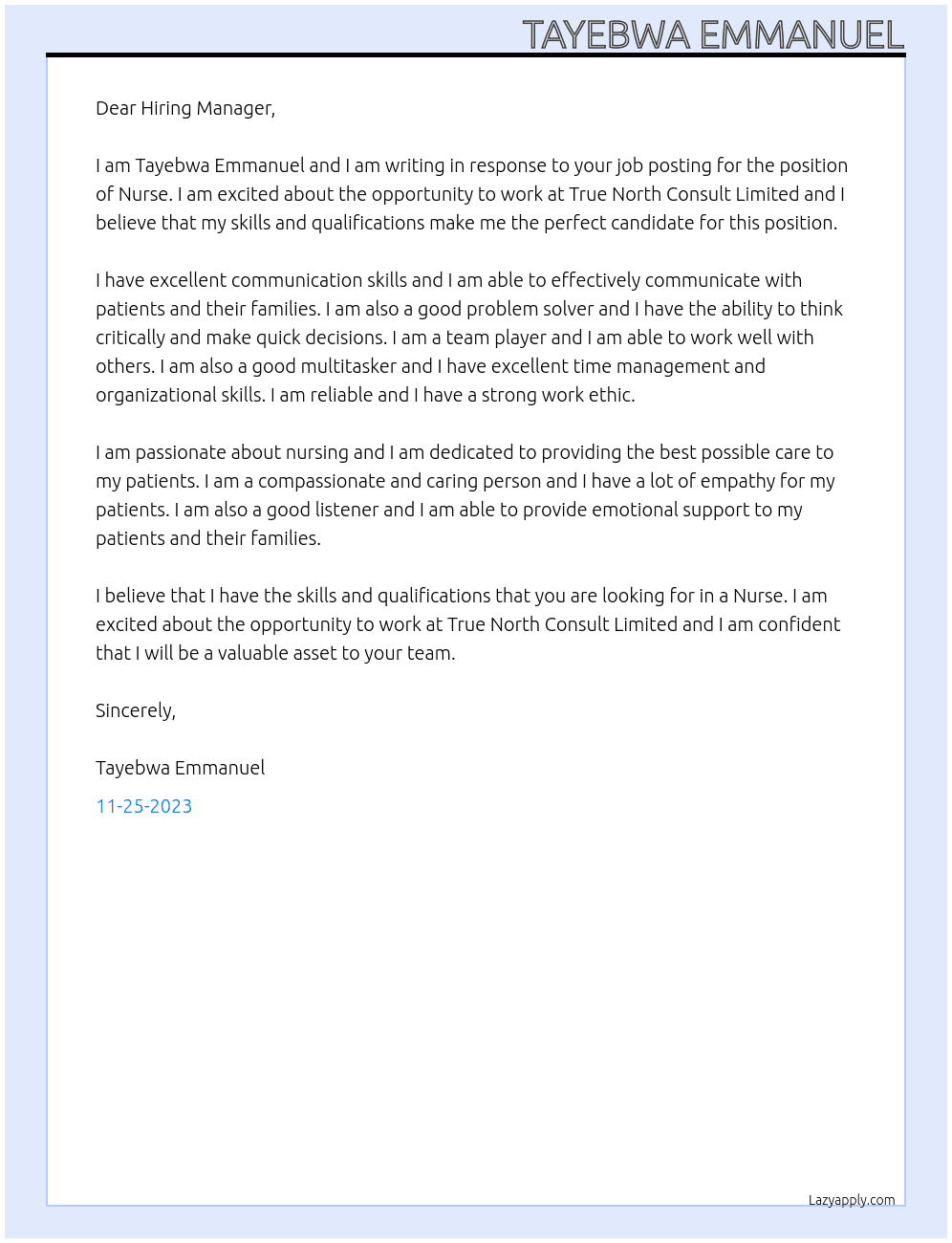 Nurse At True North Consult Limited Cover Letter