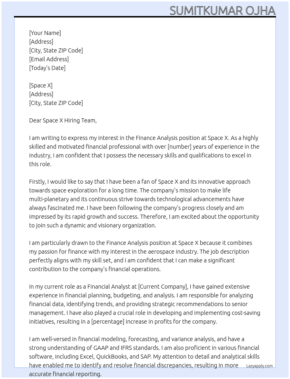 FINANCE ANALYSIS At SPACE X Cover Letter