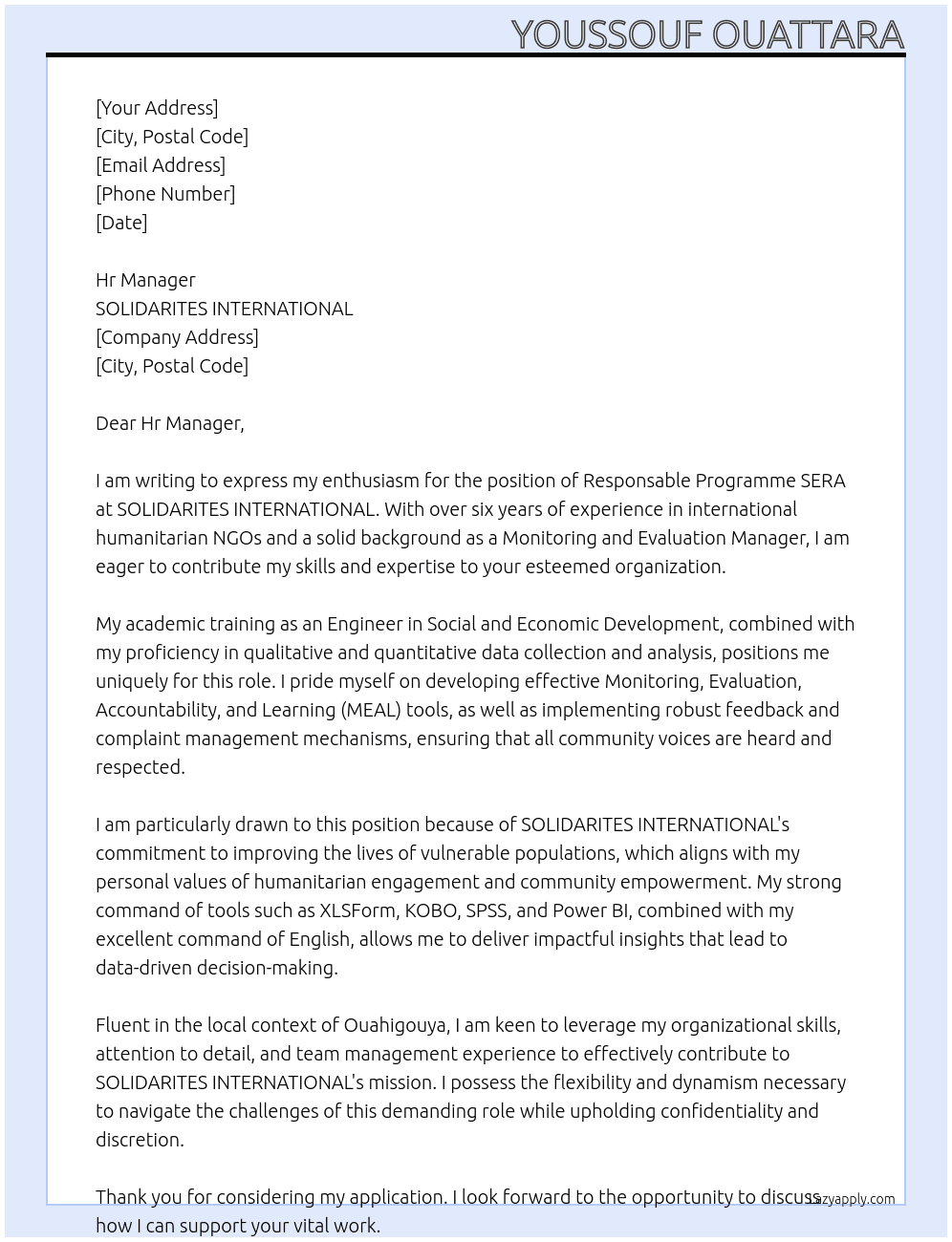 RESPONSABLE PROGRAMME SERA At SOLIDARITES INTERNATIONAL Cover Letter