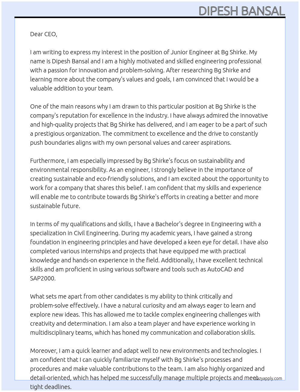 Junior engineer At Bg shirke Cover Letter