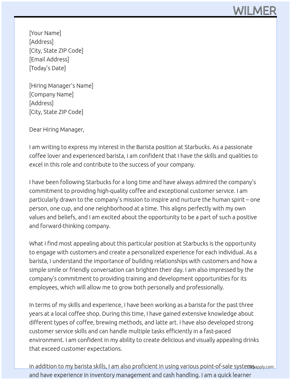 barista At starbucls Cover Letter