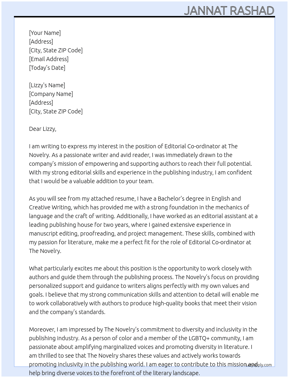 Editorial Co-ordinator At The Novelry Cover Letter