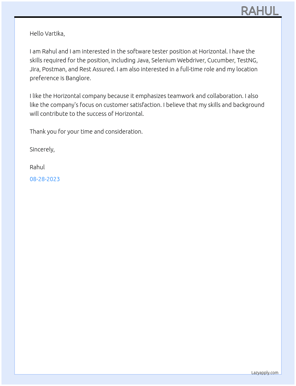 software tester At Horizontal Cover Letter