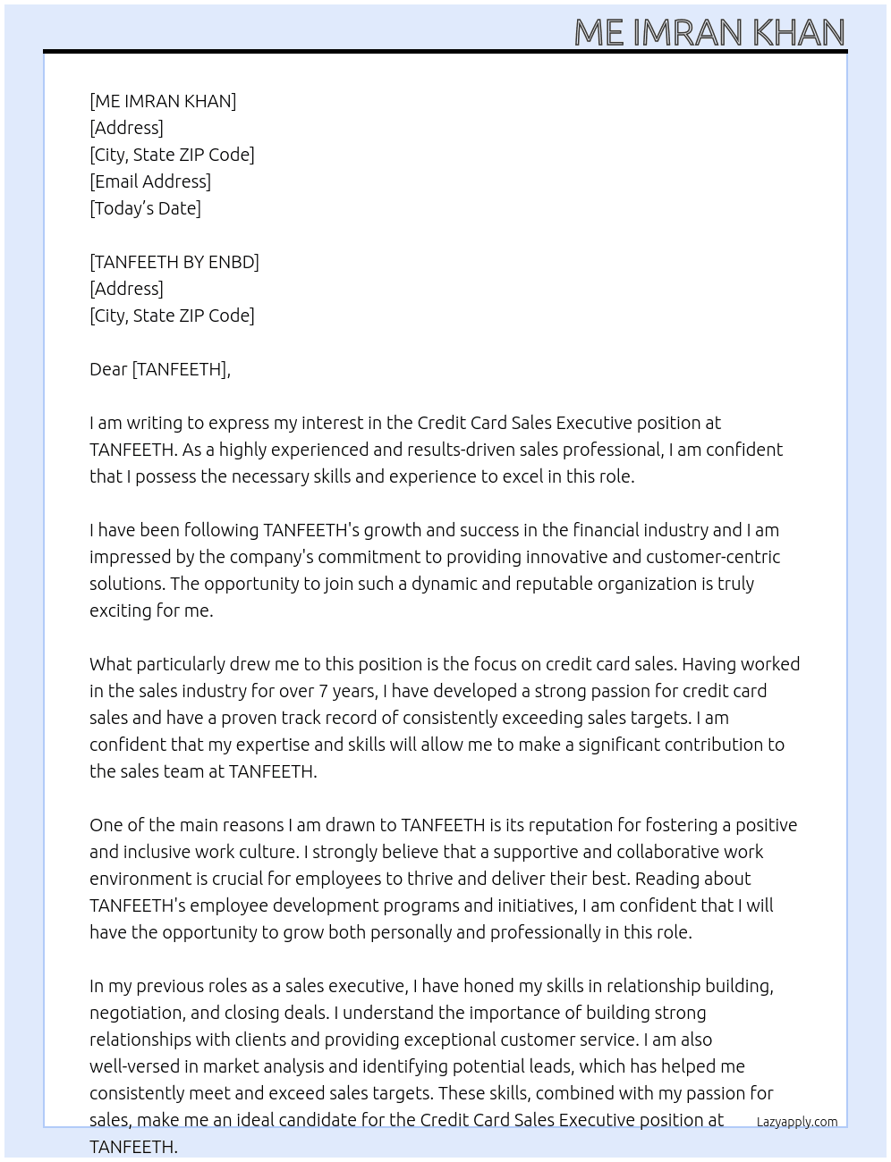 credit card sales executive At TANFEETH BY ENBD Cover Letter